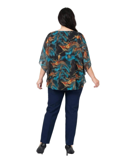 Πίσω όψη επίσημης τουνίκ από σιφόν σε μεγάλα μεγέθη, με αφηρημένο σχέδιο σε τυρκουάζ και πορτοκαλί αποχρώσεις και αέρινη εφαρμογή.