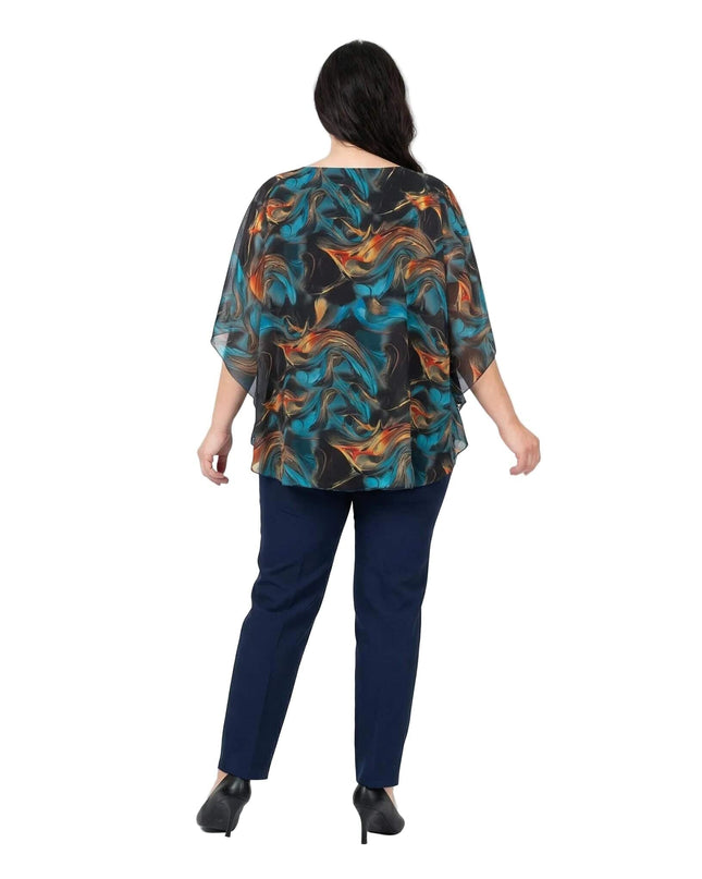 Πίσω όψη επίσημης τουνίκ από σιφόν σε μεγάλα μεγέθη, με αφηρημένο σχέδιο σε τυρκουάζ και πορτοκαλί αποχρώσεις και αέρινη εφαρμογή.