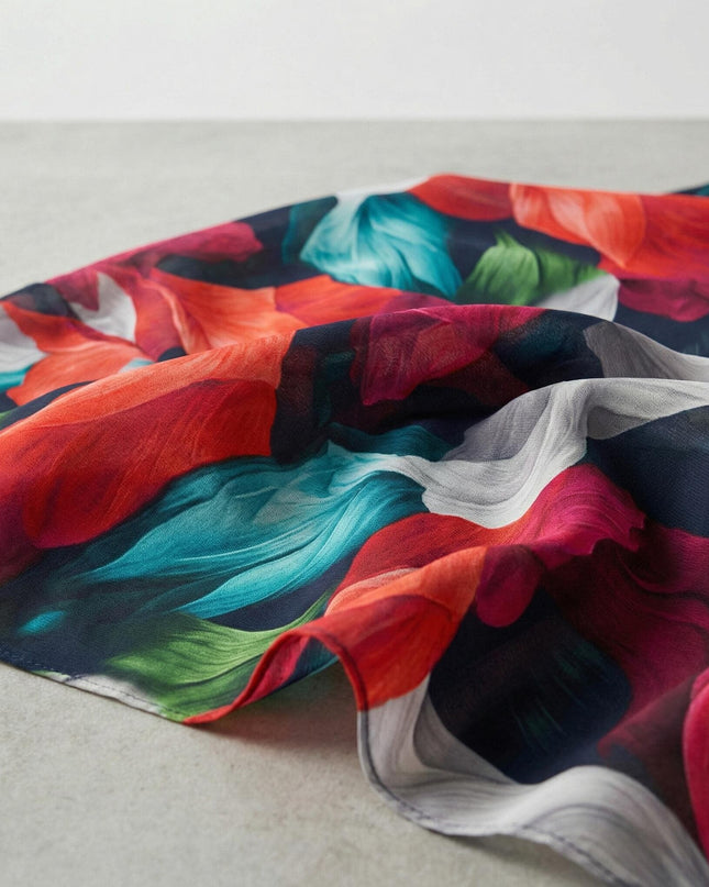 Κοντινή λεπτομέρεια της ύφανσης από επίσημη τουνίκ σιφόν σε μεγάλα μεγέθη, με πολύχρωμο φλοράλ σχέδιο σε κόκκινες και πράσινες αποχρώσεις.