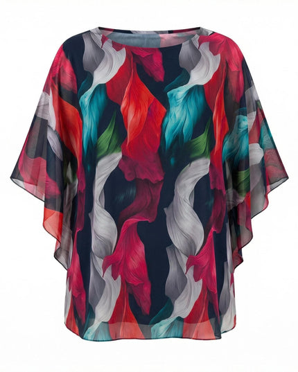Επίσημη τουνίκ από σιφόν σε μεγάλα μεγέθη με εντυπωσιακό πολύχρωμο αφηρημένο μοτίβο και φαρδιά μανίκια, σε λευκό φόντο.