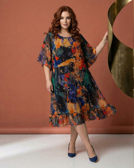 Επίσημο αέρινο εβαζέ φόρεμα σιφόν για καμπύλες με χρωματιστό σχέδιο και βολάν στο τελείωμα, σε ολόσωμη λήψη.