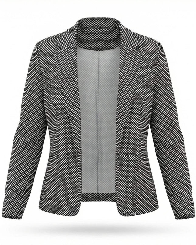 Επίσημο ελαστικό σακάκι με κλασικό σχέδιο πιέ ντε πουλ και χωρίς κούμπωμα, ιδανικό για μεγάλα μεγέθη, σε λευκό φόντο.