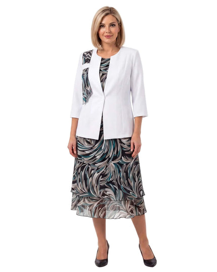 Επίσημο γυναικείο κοστούμι με εμπριμέ σιφόν φόρεμα σε μεγάλα μεγέθη