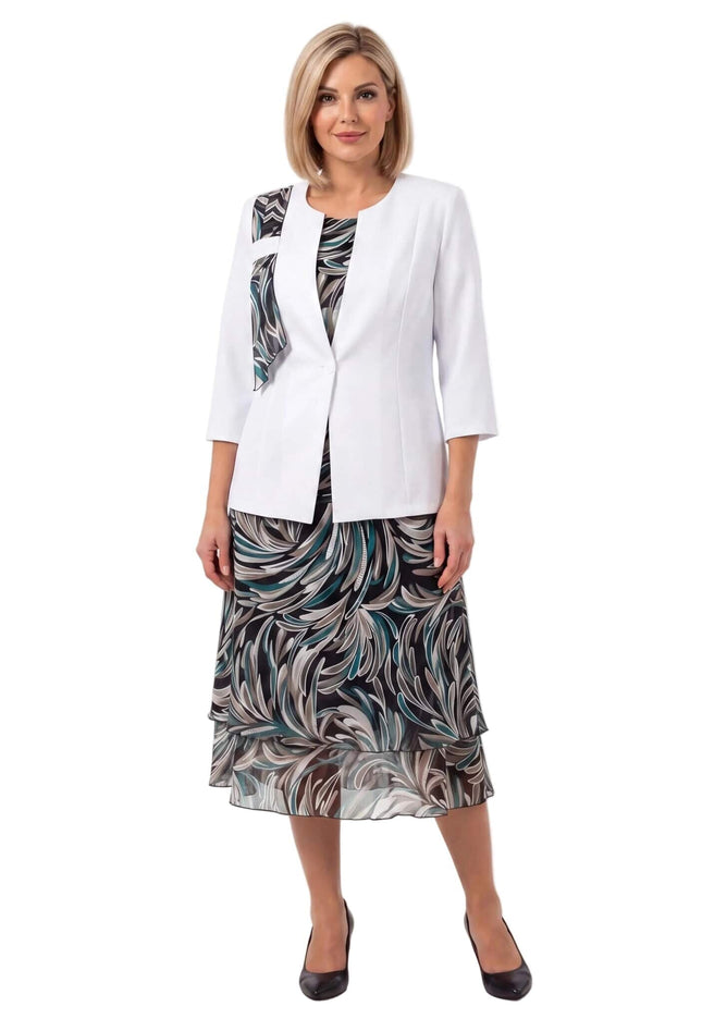 Επίσημο γυναικείο κοστούμι με εμπριμέ σιφόν φόρεμα σε μεγάλα μεγέθη