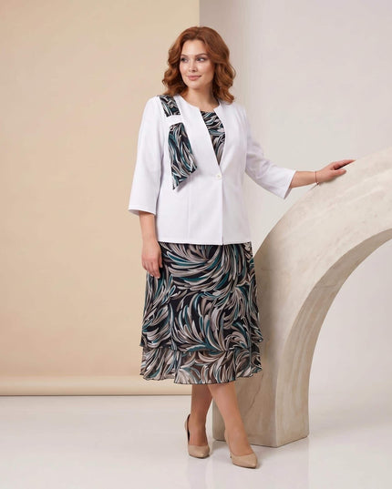 Επίσημο γυναικείο κοστούμι με εμπριμέ σιφόν φόρεμα σε μεγάλα μεγέθη