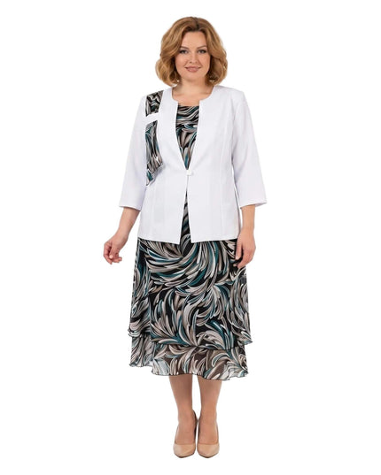 Επίσημο γυναικείο κοστούμι με εμπριμέ σιφόν φόρεμα σε μεγάλα μεγέθη