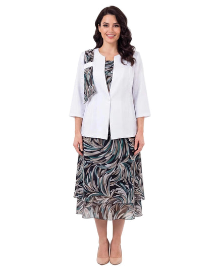 Επίσημο γυναικείο κοστούμι με εμπριμέ σιφόν φόρεμα σε μεγάλα μεγέθη