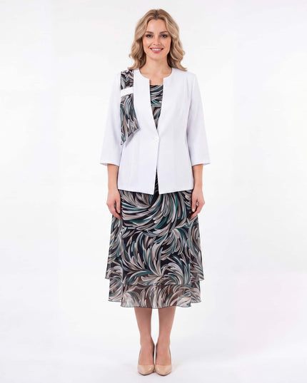 Επίσημο γυναικείο κοστούμι με εμπριμέ σιφόν φόρεμα σε μεγάλα μεγέθη