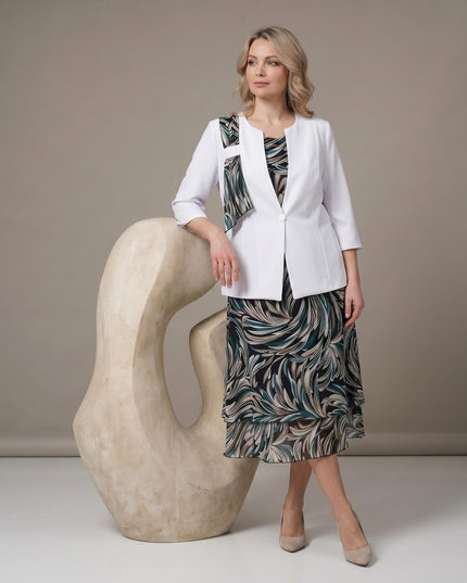 Επίσημο γυναικείο κοστούμι με εμπριμέ σιφόν φόρεμα σε μεγάλα μεγέθη