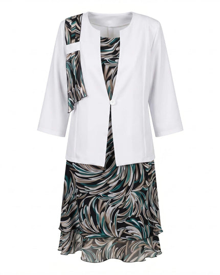 Επίσημο γυναικείο κοστούμι με εμπριμέ σιφόν φόρεμα σε μεγάλα μεγέθη