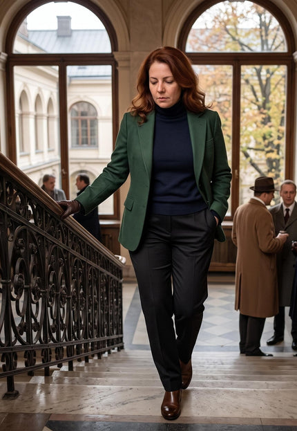 Ολόσωμη λήψη με επίσημο γυναικείο παντελόνι σε μαύρο χρώμα και ίσια γραμμή, ιδανικό για μεγάλα μεγέθη.