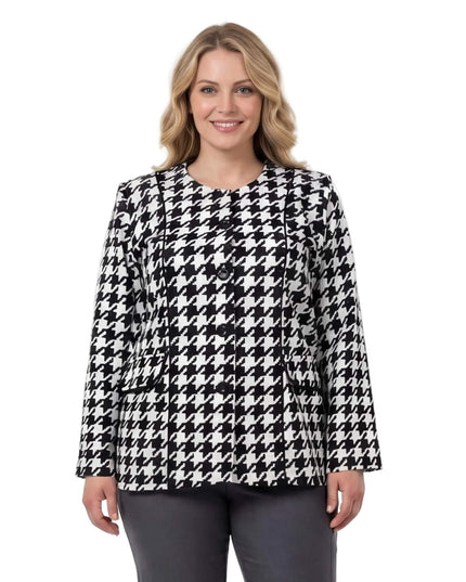 Επίσημο γυναικείο σακάκι πιε ντε πουλ σε λευκό για μεγάλα μεγέθη, με μαύρα κουμπιά και λεπτομέρειες, σε μπροστινή λήψη σε λευκό φόντο.