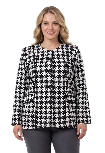 Επίσημο γυναικείο σακάκι πιε ντε πουλ σε λευκό για μεγάλα μεγέθη, με μαύρα κουμπιά και λεπτομέρειες, σε μπροστινή λήψη σε λευκό φόντο.