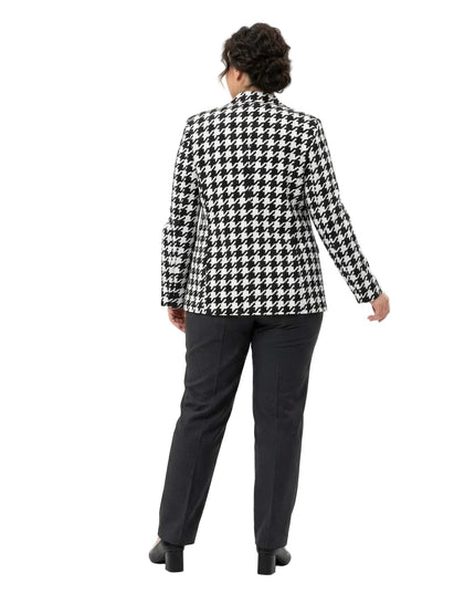 Πίσω όψη από επίσημο γυναικείο σακάκι πιε ντε πουλ σε λευκό και μαύρο, με ίσια γραμμή που αναδεικνύει τη σιλουέτα σε μεγάλα μεγέθη.