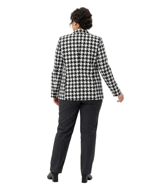 Πίσω όψη από επίσημο γυναικείο σακάκι πιε ντε πουλ σε λευκό και μαύρο, με ίσια γραμμή που αναδεικνύει τη σιλουέτα σε μεγάλα μεγέθη.