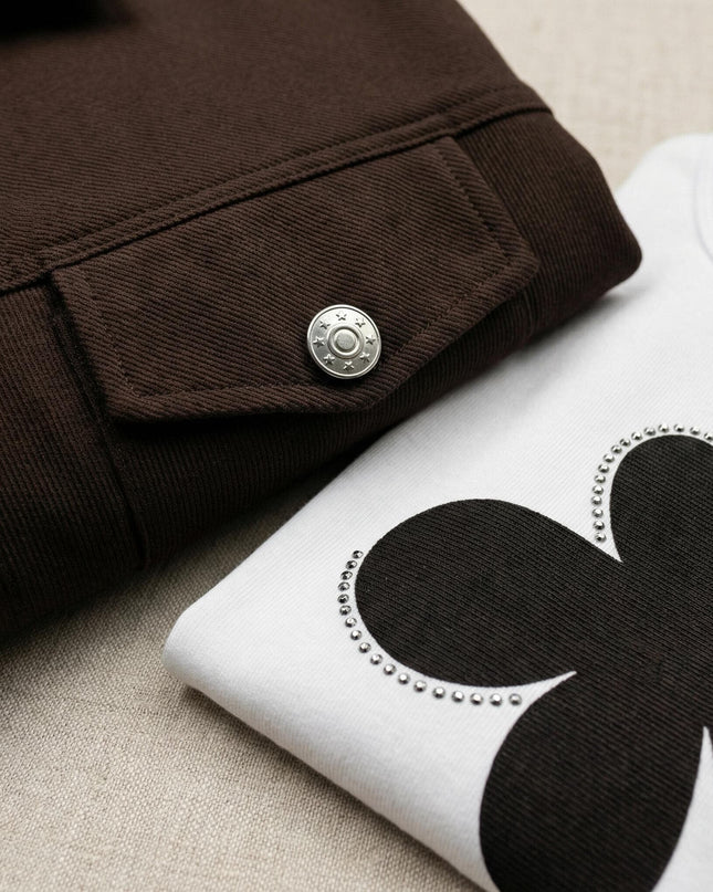 Κοντινή λεπτομέρεια από το καφέ plus size σετ δύο τεμαχίων. Φαίνεται το σακάκι με τσέπη και κουμπί, δίπλα στο λευκό t-shirt με μαύρο φλοράλ απλικέ.