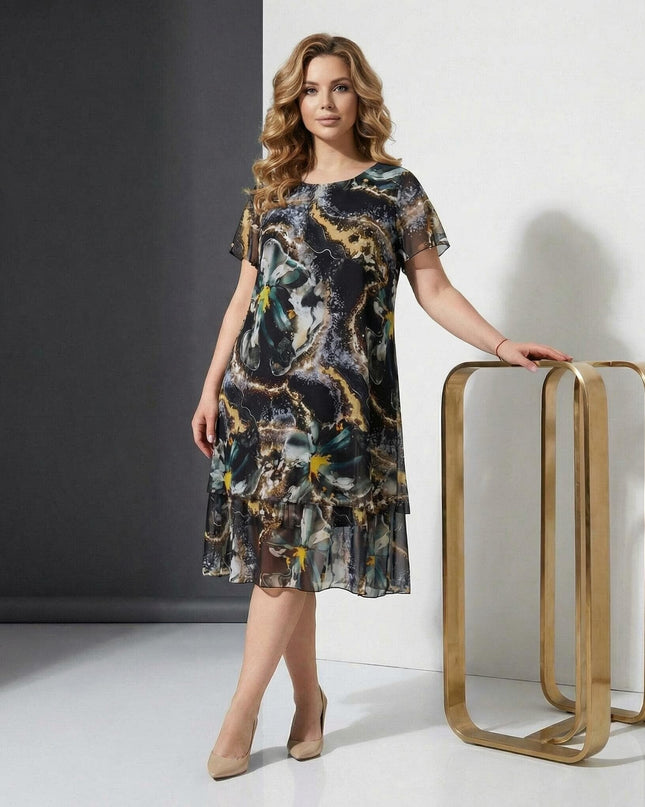 Επίσημο κλος φόρεμα σε μεγάλα μεγέθη από πολύχρωμο σιφόν