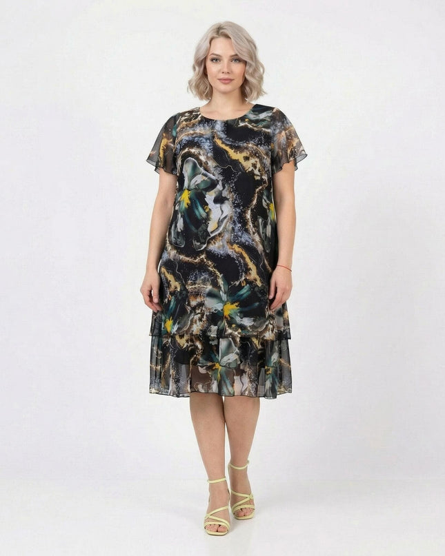 Επίσημο κλος φόρεμα σε μεγάλα μεγέθη από πολύχρωμο σιφόν