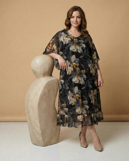 Ολόσωμη φωτογραφία με επίσημο μαύρο φόρεμα σιφόν και φλοράλ σχέδιο. Διαθέτει αέρινα μανίκια και βολάν στο κάτω μέρος, προσφέροντας άνεση και στυλ σε plus size σιλουέτες.