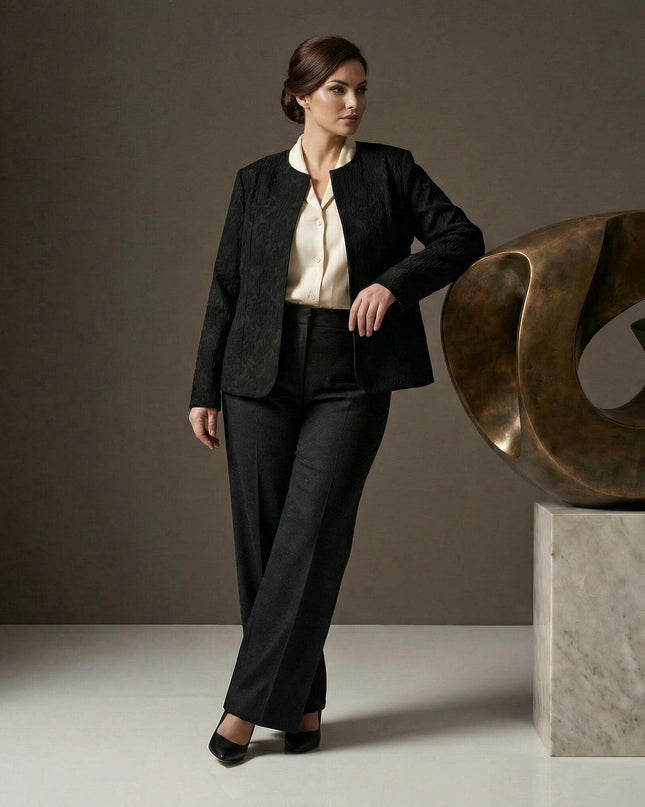 Επίσημο μαύρο σακάκι σε μεγάλα μεγέθη με ανάγλυφη υφή, φορεμένο ανοιχτό με μπεζ πουκάμισο σε ολόσωμη λήψη.