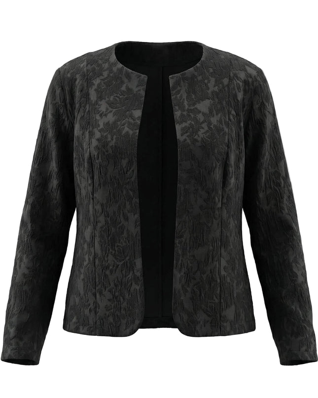 Επίσημο μαύρο σακάκι σε μεγάλα μεγέθη με εντυπωσιακή ανάγλυφη υφή, σε άνετη ανοιχτή γραμμή χωρίς κούμπωμα, φωτογραφημένο σε λευκό φόντο.