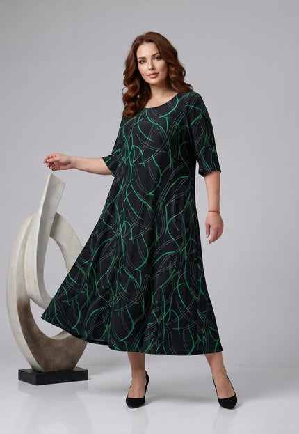 Επίσημο μάξι φόρεμα plus size με κοντό μανίκι μαύρο με πράσινο