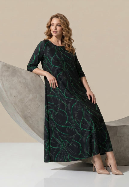 Επίσημο μάξι φόρεμα plus size με κοντό μανίκι μαύρο με πράσινο