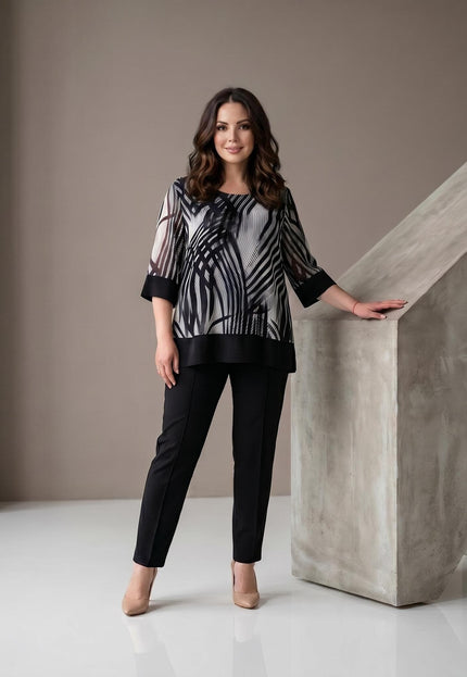Επίσημο plus size σετ με τουνίκ και παντελόνι σε μαύρο και γκρι