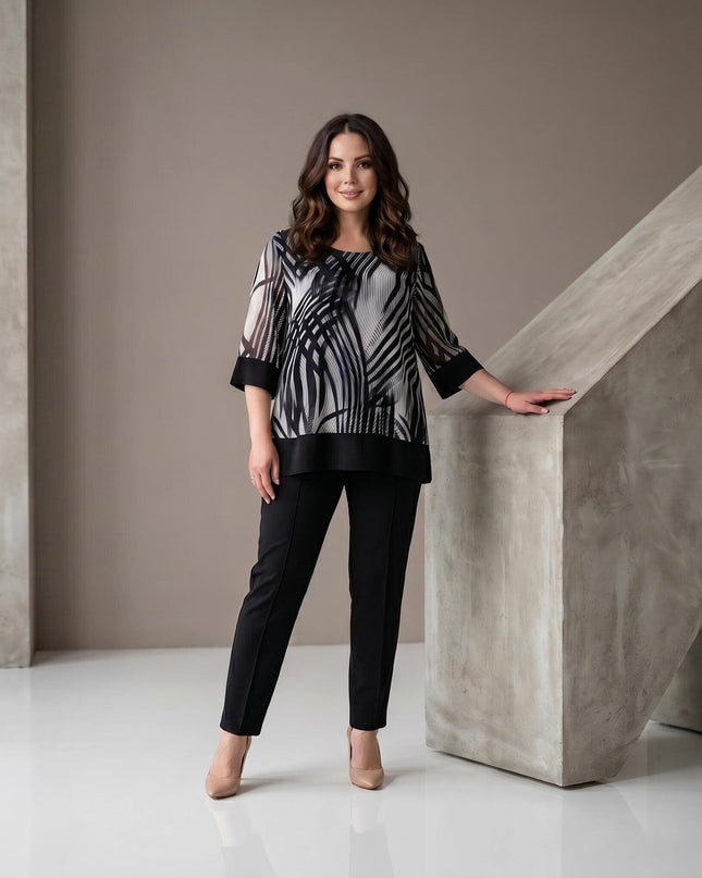 Επίσημο plus size σετ με τουνίκ και παντελόνι σε μαύρο και γκρι
