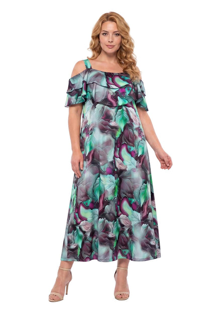 Επίσημο πολύχρωμο μάξι φόρεμα plus size με αφηρημένο φλοράλ μοτίβο και βολάν στους ώμους. Ολόσωμη λήψη μπροστά σε λευκό φόντο.