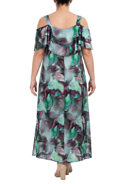 Πίσω όψη από επίσημο πολύχρωμο μάξι φόρεμα plus size. Εντυπωσιακό φλοράλ σχέδιο σε πράσινες και μωβ αποχρώσεις με κομψά βολάν στην πλάτη.