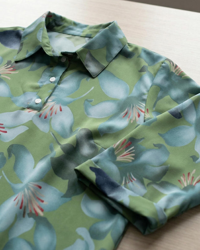 Κοντινή flat lay λήψη από πράσινο φλοράλ πουκάμισο σε μεγάλα μεγέθη, διπλωμένο σε τραπέζι. Ξεχωρίζουν ο κλασικός γιακάς και η πατιλέτα με τα λευκά κουμπιά.