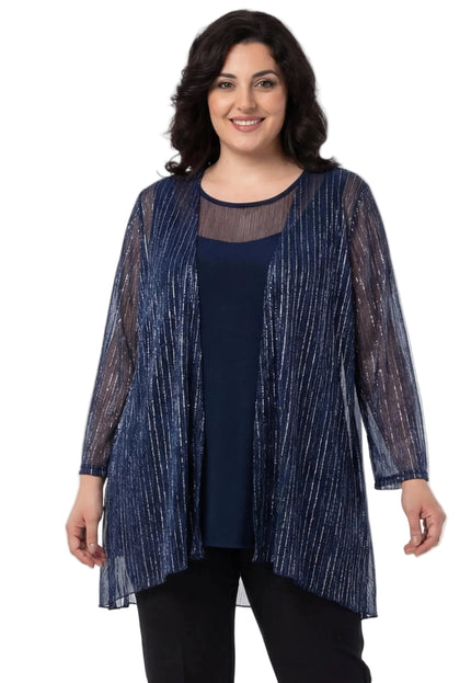 Επίσημο σετ τουνίκ και ζακέτα σε σκούρο μπλε με ασημί κάθετες ρίγες και διαφάνεια για μεγάλα μεγέθη, σε μπροστινή λήψη με λευκό φόντο.