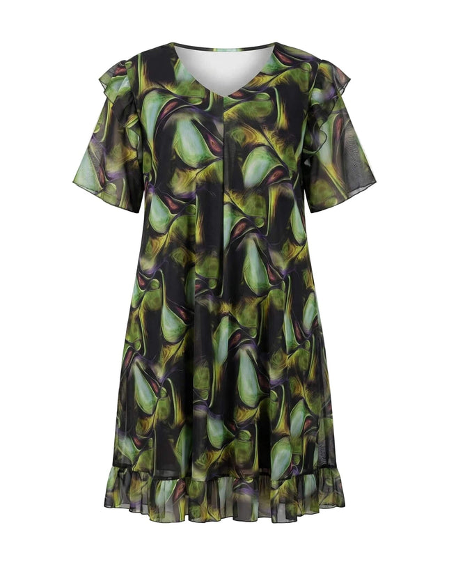 Επίσημο σιφόν φόρεμα σε μεγάλα μεγέθη με πολύχρωμο πράσινο μοτίβο. Μπροστινή όψη με V λαιμόκοψη, αέρινα μανίκια και βολάν στο τελείωμα.