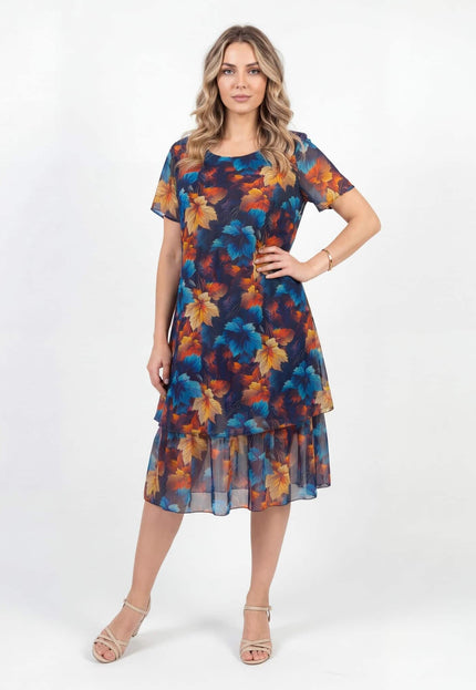 Επίσημο σκούρο μπλε μάξι φόρεμα από σιφόν plus size με μοτίβο φύλλων