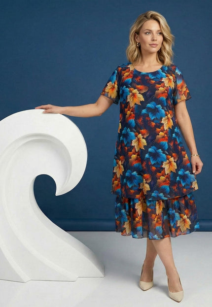 Επίσημο σκούρο μπλε μάξι φόρεμα από σιφόν plus size με μοτίβο φύλλων