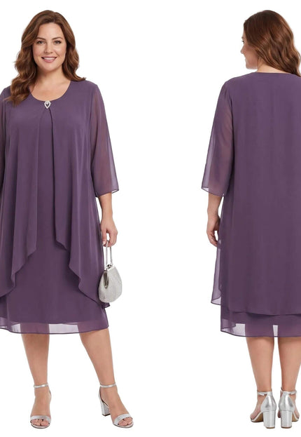 Επίσημο βραδινό φόρεμα σιφόν plus size σε μωβ απόχρωση, με μπροστινή και πίσω όψη σε λευκό φόντο.