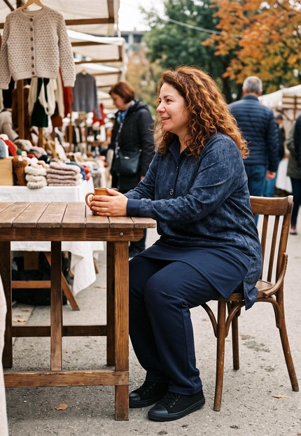 Γυναίκα με μπλε τουνίκ και παντελόνι κάθεται σε τραπέζι και κρατά ένα φλιτζάνι σε υπαίθρια αγορά με πάγκους ρούχων.