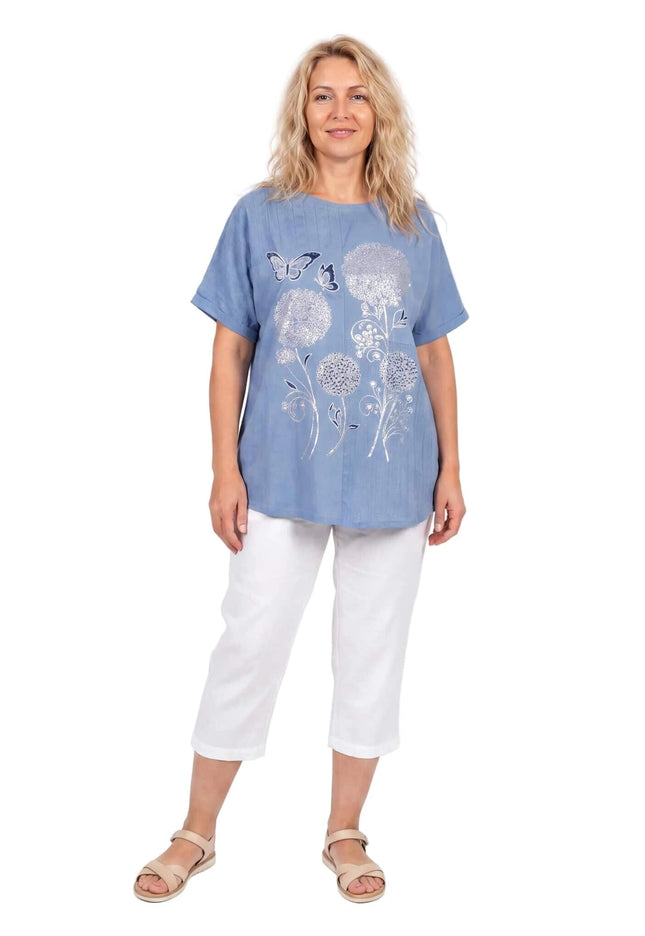 Γυναικεία καλοκαιρινή μπλε τουνίκ plus size με φλοράλ απλικέ