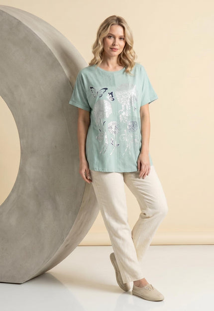 Γυναικεία καλοκαιρινή plus size τουνίκ πράσινη με φλοράλ απλικέ