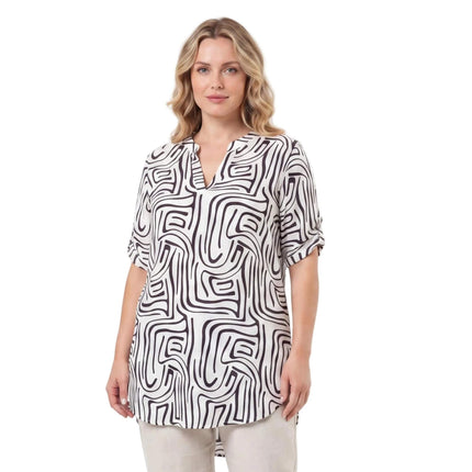 Γυναικεία λευκή καλοκαιρινή τουνίκ plus size με αφηρημένα σχέδια μπροστά