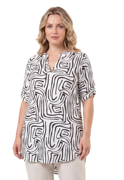 Γυναικεία λευκή καλοκαιρινή τουνίκ plus size με αφηρημένα σχέδια μπροστά