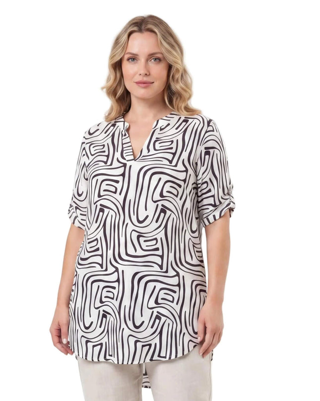 Γυναικεία λευκή καλοκαιρινή τουνίκ plus size με αφηρημένα σχέδια μπροστά