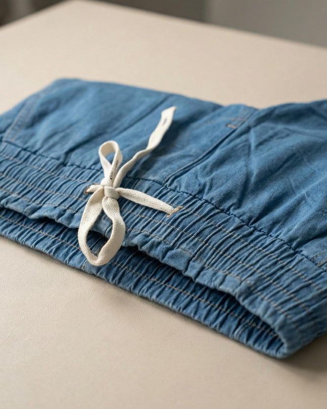 Κοντινή λεπτομέρεια σε γυναικείο μπλε καλοκαιρινό τζιν μεγάλα μεγέθη. Φαίνεται το ελαστικό λάστιχο στη μέση με το λευκό κορδόνι και η υφή του υφάσματος.