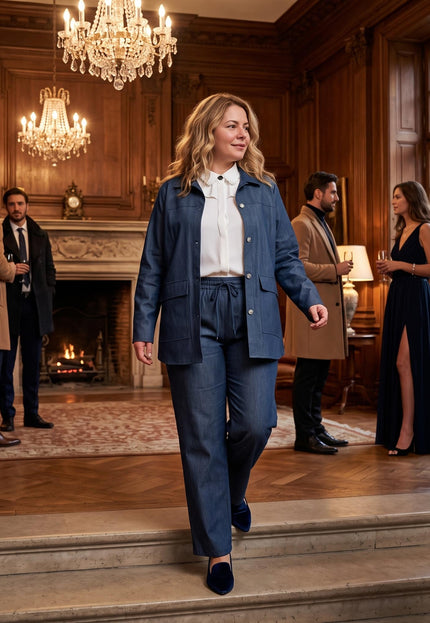 Ολόσωμη λήψη με γυναικείο σετ δύο τεμαχίων σε μεγάλα μεγέθη, που περιλαμβάνει μπλε τζάκετ-τουνίκ και παντελόνι, φορεμένο σε κομψή εκδήλωση.