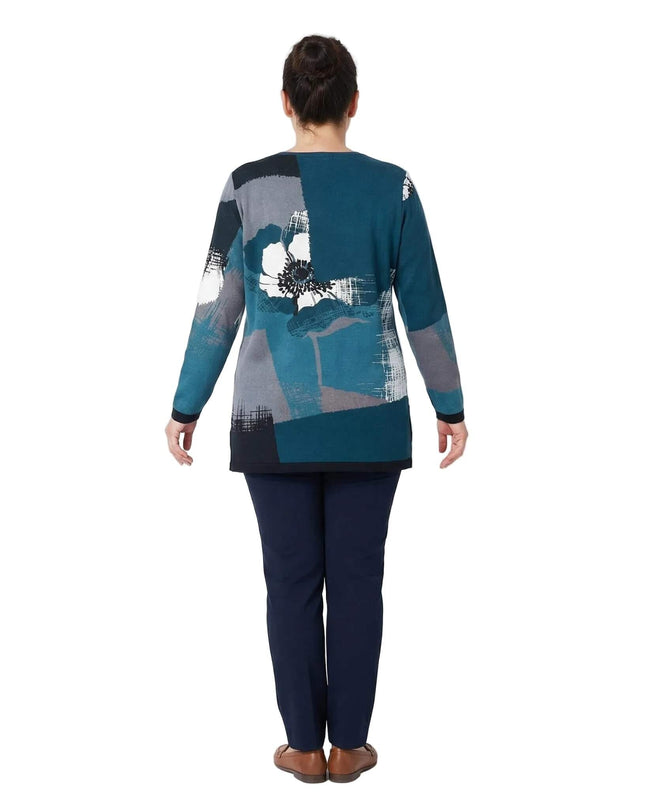 Πίσω όψη καθημερινής τουνίκ σε μεγάλα μεγέθη, με μοντέρνο αφηρημένο σχέδιο σε πετρόλ, γκρι και μαύρες αποχρώσεις.