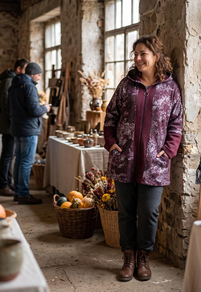 Ολόσωμη λήψη με κομψή γυναικεία ζακέτα με κουκούλα σε μωβ-μπορντό χρώμα, ιδανική για μεγάλα μεγέθη, σε ρουστίκ εσωτερικό χώρο.