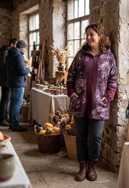 Γυναίκα με κομψή ζακέτα σε μπορντό μοτίβο, ολόσωμη λήψη σε παραδοσιακό χώρο, ιδανική για μεγάλα μεγέθη.
