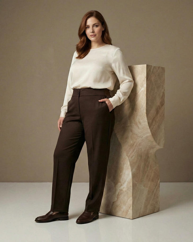 Ολόσωμη λήψη γυναικείου καφέ ψηλόμεσου παντελονιού σε μεγάλα μεγέθη, με ίσια γραμμή και διακριτικά κουμπιά στη μέση για άνετη εφαρμογή.