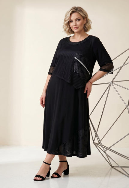 Κομψό μαύρο μάξι επίσημο φόρεμα μεγάλα μεγέθη με δίχτυ
